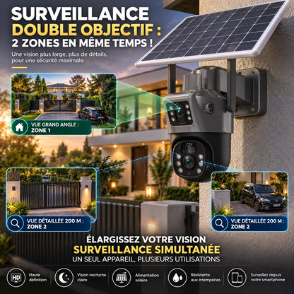📷 Caméra de Surveillance Solaire 4G/Wi-Fi Double Objectif – PTZ 360° Full HD