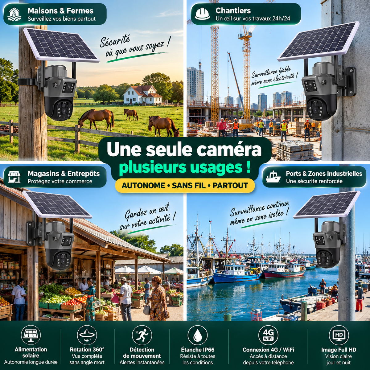 📷 Caméra de Surveillance Solaire 4G/Wi-Fi Double Objectif – PTZ 360° Full HD